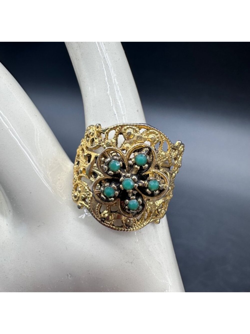 Vintage Gold Tone Filigree Cigar Band Ring Faux Turquoise Adjustable Statement